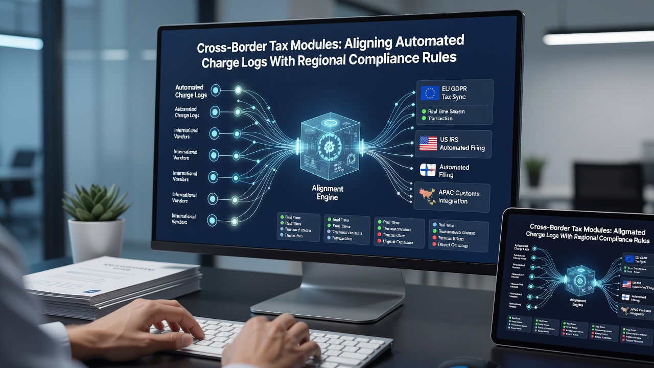 Vendor dashboard interface displaying automated charge logs synchronized with cross-border tax compliance indicators across multiple regions