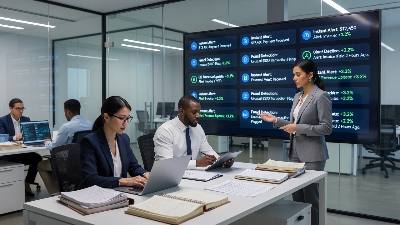 Team collaborating on financial reports with alert dashboards visible in the background