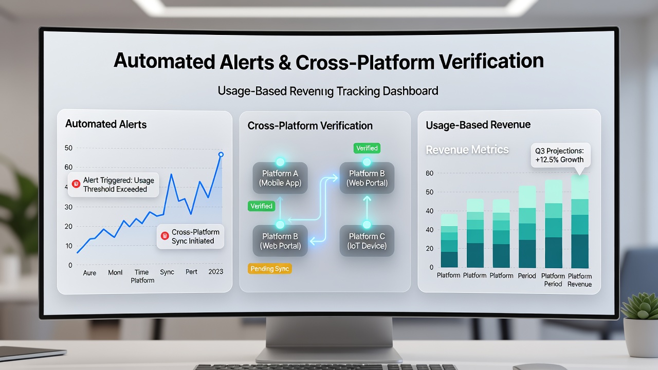 Illustration of data flowing between automated alert systems and verification layers across different platforms for revenue accuracy