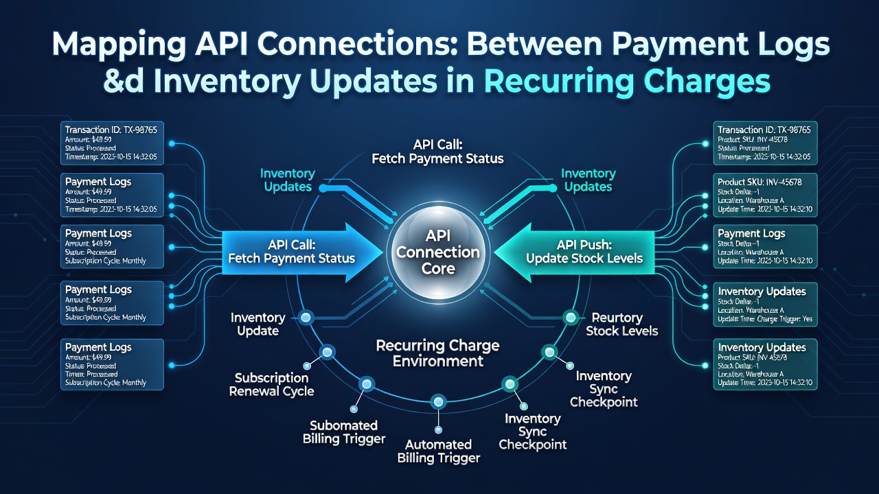Diagram showing API endpoints linking payment transaction logs with real-time inventory adjustment modules in subscription billing platforms