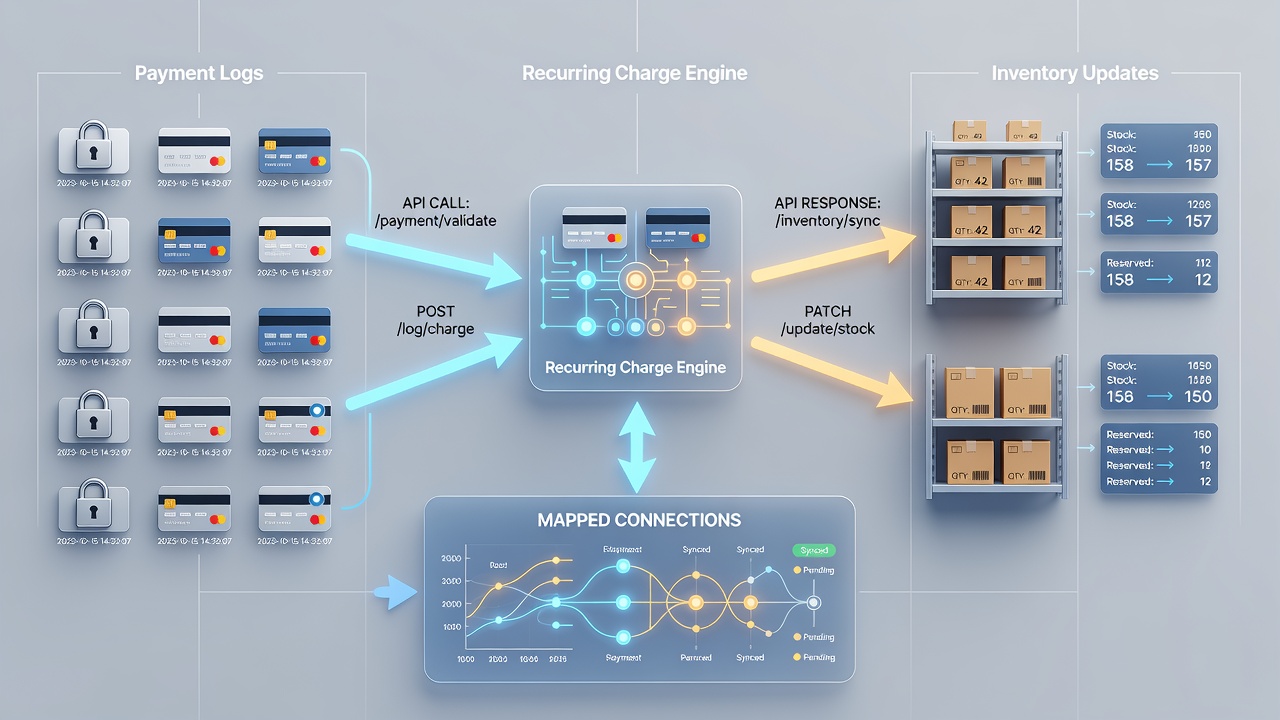 Flowchart illustrating bidirectional API calls between payment log databases and inventory management systems during recurring billing cycles