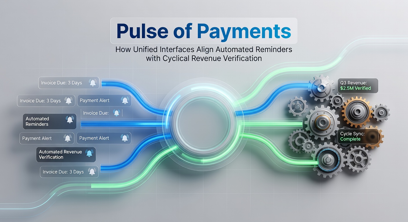 Dashboard view of a unified payment interface displaying synchronized automated reminders alongside cyclical revenue verification metrics and transaction timelines