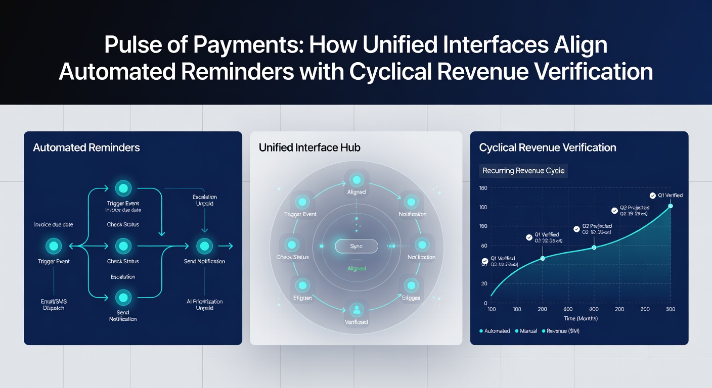 Close-up of automated payment verification workflow highlighting aligned reminder triggers and cyclical revenue data points in a unified system interface