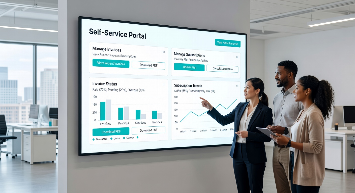 Customer using a mobile app connected to a self-service portal to update subscription preferences and view invoice history